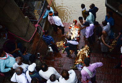 High angle view of people on staircase