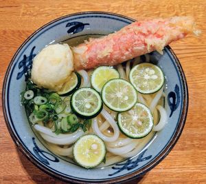 High angle view of seafood in plate on table