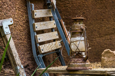 High angle view of old rusty container on field