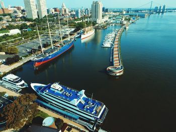 High angle view of ship moored at harbor