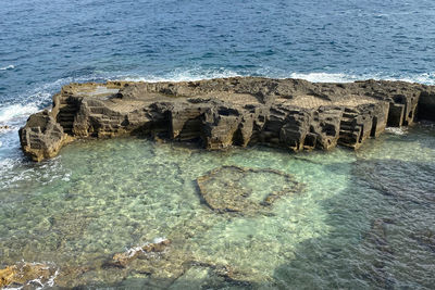 High angle view of rocks in sea