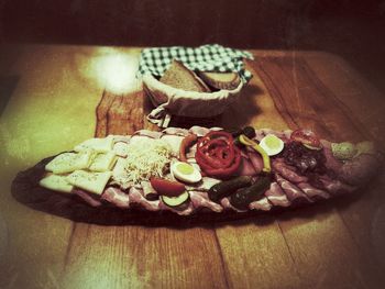 High angle view of food served on table