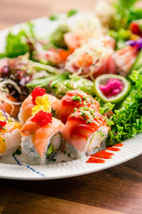 Close-up of salad served on table