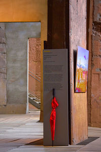 Rear view of woman standing by door of building