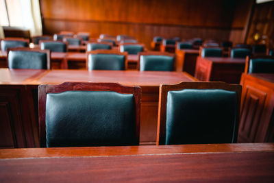 Empty chairs and table in room