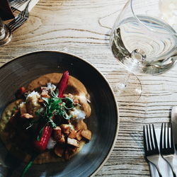 High angle view of food in bowl on table