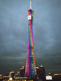 Low angle view of illuminated building against cloudy sky