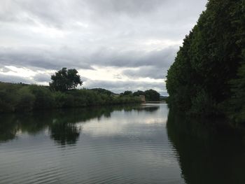 Scenic view of lake against cloudy sky