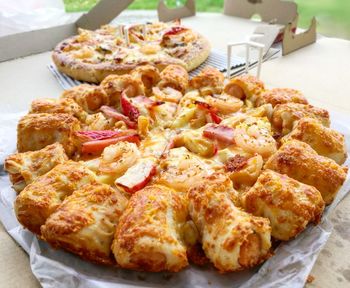 High angle view of pizza on table