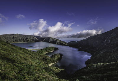 Scenic view of river and mountains against sky