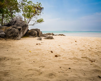 Rocks on beach against sky