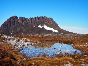 Scenic view of mountains against clear blue sky