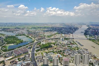 High angle view of cityscape against sky