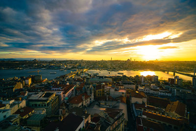 High angle view of townscape against sky during sunset