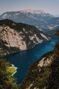 High angle view of lake and mountains against sky