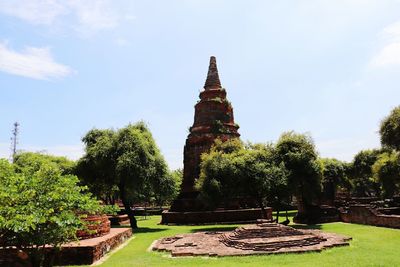 Temple by building against sky