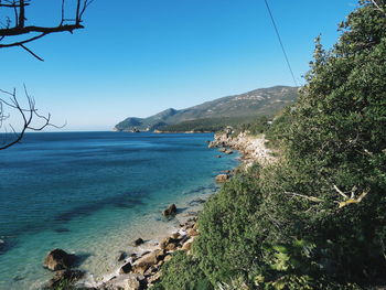 Scenic view of sea against clear blue sky