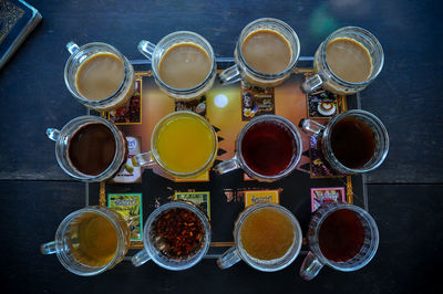 High angle view of wine glasses