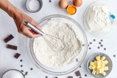 High angle view of person preparing food in kitchen