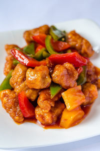 Close-up of food served on table