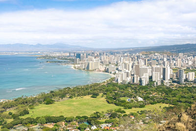 High angle view of buildings against cloudy sky