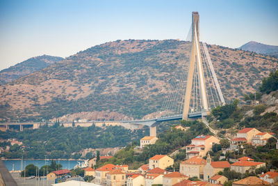 Panoramic view of buildings and mountains against sky