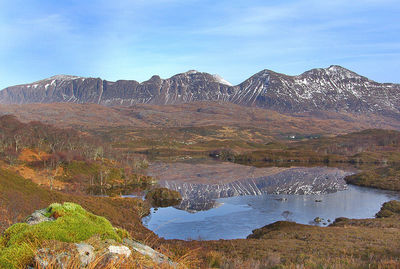 Close-up of reflection in mountains against sky