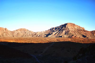 Scenic view of desert against clear blue sky