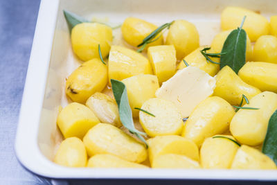 Close-up of prepared potatoes in container