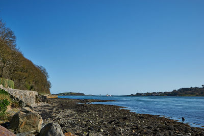 Scenic view of sea against clear blue sky