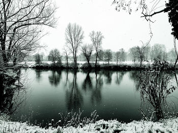 Reflection of trees in lake against clear sky