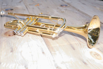 Close-up of trumpet on table