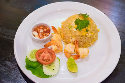 High angle view of breakfast served in plate