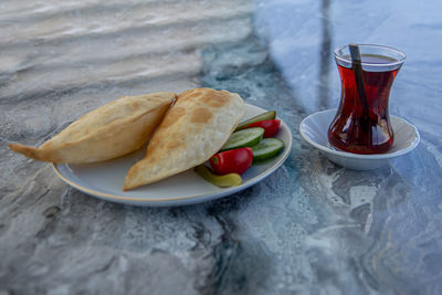 Close-up of breakfast served on table