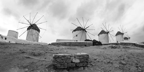 Traditional windmill on field against clear sky