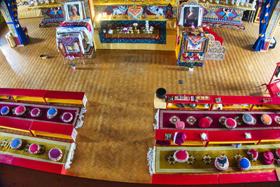 High angle view of multi colored candies on table at market