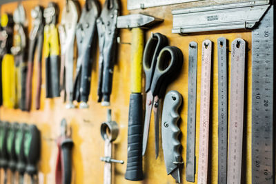 Close-up of tools on wall