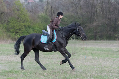 Woman riding horse against trees on field