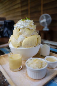 Close-up of ice cream in bowl on table