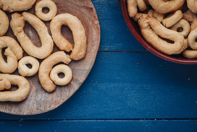 High angle view of bread in plate on table