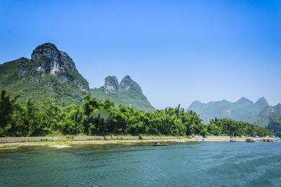 Scenic view of bay against clear sky