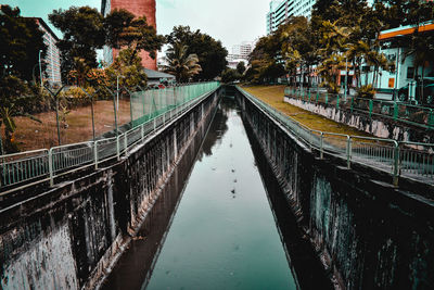 Bridge over canal in city against sky