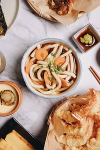 High angle view of pasta in plate on table