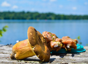 Close-up of bread on table at beach