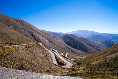 Scenic view of mountains against clear blue sky