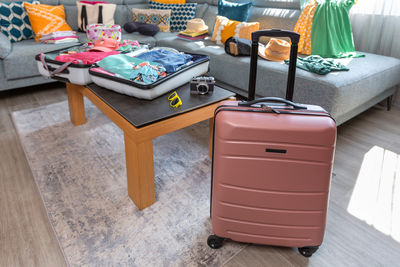 High angle view of suitcase on table