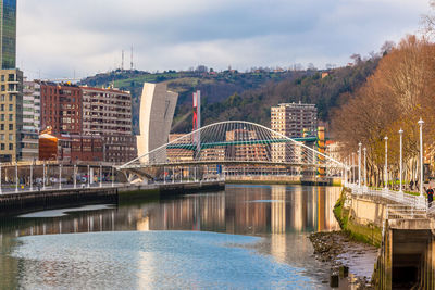 Bridge over river with buildings in background