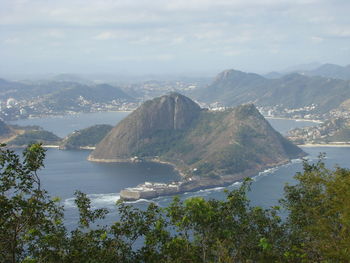 High angle view of bay against sky