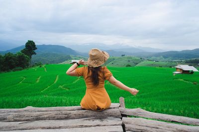 Rear view of woman sitting on wood over farm against sky