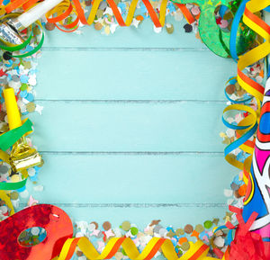 High angle view of multi colored umbrellas on table